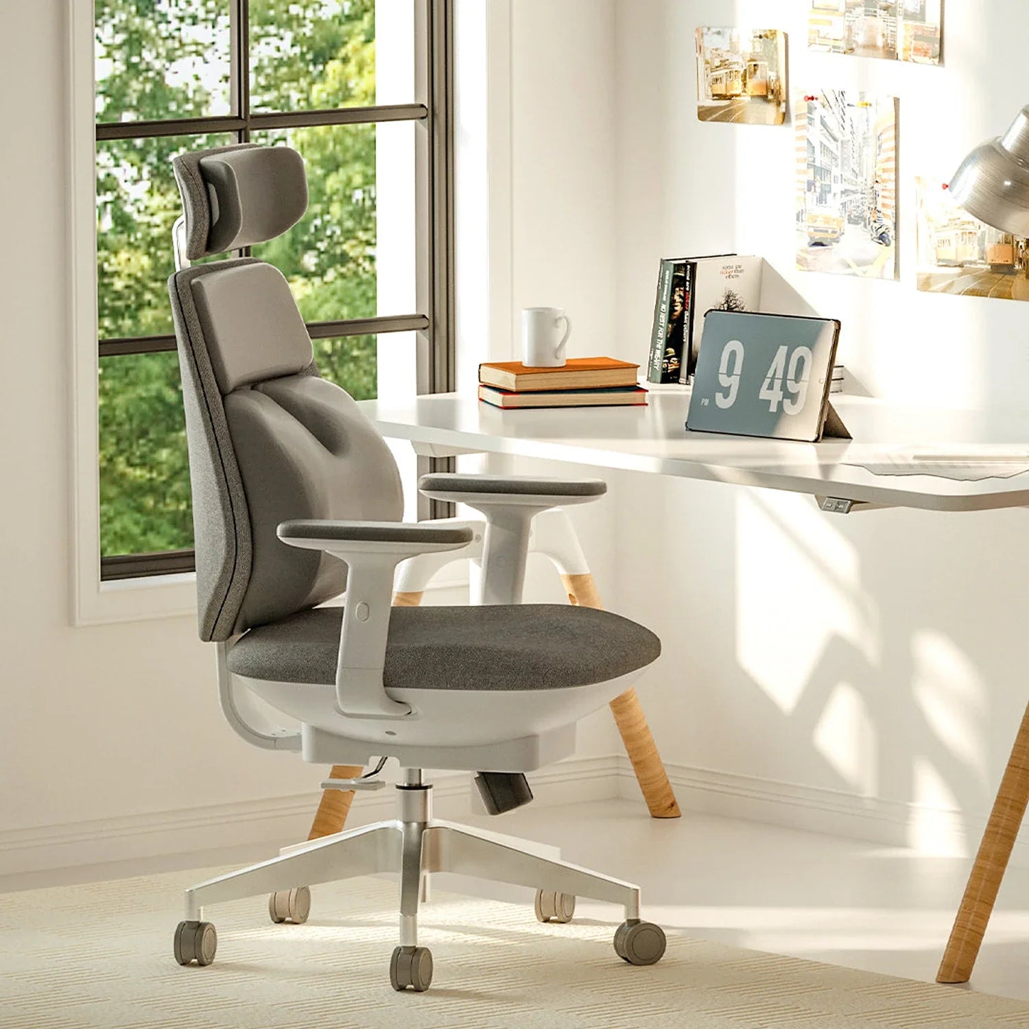 [scene] Air-Smart chair placed in sunlit home office with desk and decor.